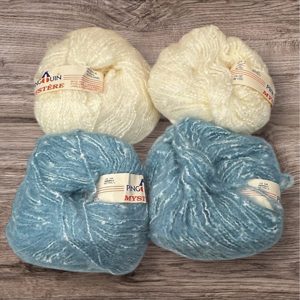 4 Vintage Pingouin Mystere‎ Mohair Wool Blend FluffyYarn 2 Cream 2 Blue